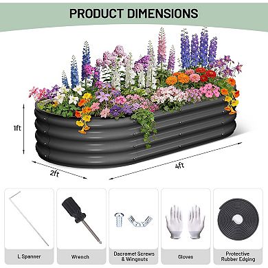 2 Pcs Galvanized Raised Garden Bed 4x2x1ft, Oval Planter with Gloves and Rubber Edge Trim