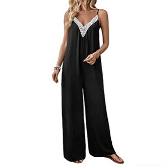 Women's Lace Trim Sleeveless Wide Leg Jumpsuit, Spaghetti Strap Back Tie Casual Romper