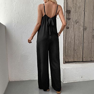 Women's Lace Trim Sleeveless Wide Leg Jumpsuit, Spaghetti Strap Back Tie Casual Romper