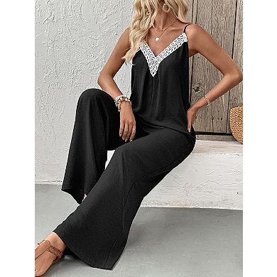 Women's Lace Trim Sleeveless Wide Leg Jumpsuit, Spaghetti Strap Back Tie Casual Romper