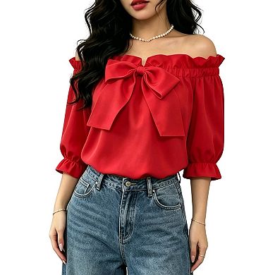 Women's Off The Shoulder Blouse Ruffled Elastic Neckline Puff Sleeves Lightweight Flowy Blouse