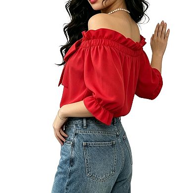 Women's Off The Shoulder Blouse Ruffled Elastic Neckline Puff Sleeves Lightweight Flowy Blouse