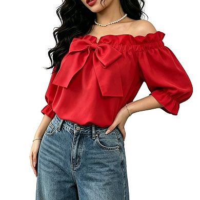Women's Off The Shoulder Blouse Ruffled Elastic Neckline Puff Sleeves Lightweight Flowy Blouse