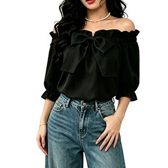 Women's Off The Shoulder Blouse Ruffled Elastic Neckline Puff Sleeves Lightweight Flowy Blouse