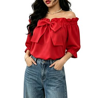 Women's Off The Shoulder Blouse Ruffled Elastic Neckline Puff Sleeves Lightweight Flowy Blouse