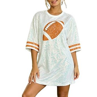Women's Sequin Jersey Dress Football Striped Sleeves Crew Neck Oversized Relaxed Fit Mini Dress