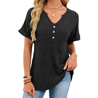 Women's Ribbed Summer Tops, Short Sleeve Loose v Neck Casual t-Shirts Blouses