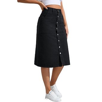Women's Button Down High Waist Stretch Denim Midi Skirt with Pockets