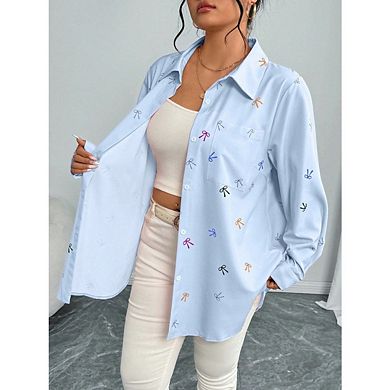 Women's Bow Print Button Down Shirt, Long Sleeve Collared Loose Fit Casual Blouse