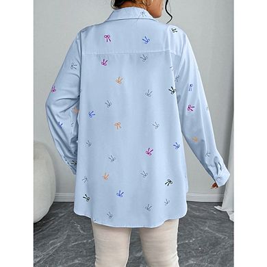 Women's Bow Print Button Down Shirt, Long Sleeve Collared Loose Fit Casual Blouse