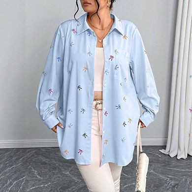 Women's Bow Print Button Down Shirt, Long Sleeve Collared Loose Fit Casual Blouse