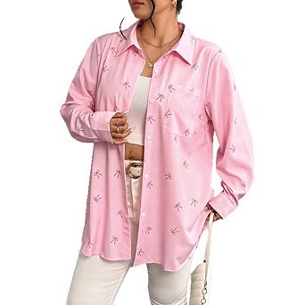 Women's Bow Print Button Down Shirt, Long Sleeve Collared Loose Fit Casual Blouse