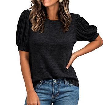 Women's Puff Sleeve Top Pleated Sleeves Round Neckline Relaxed Fit Lightweight Knit Casual Shirt