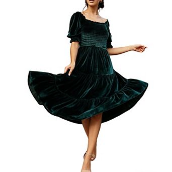 Women's Square Neck Dress Smocked Bodice Puff Sleeves Tiered Ruffle Skirt Midi Dress