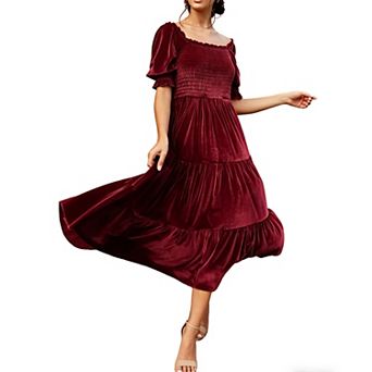 Women's Square Neck Dress Smocked Bodice Puff Sleeves Tiered Ruffle Skirt Midi Dress