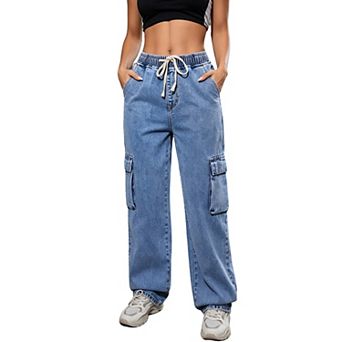 Women's Cargo Jeans Elastic Drawstring Waist Relaxed Wide Leg Side Pockets Loose Fit Denim Pants
