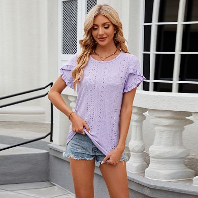Women's Eyelet Ruffle Sleeve T-Shirt, Crew Neck Solid Color Casual Top