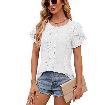 Women's Eyelet Ruffle Sleeve T-Shirt, Crew Neck Solid Color Casual Top