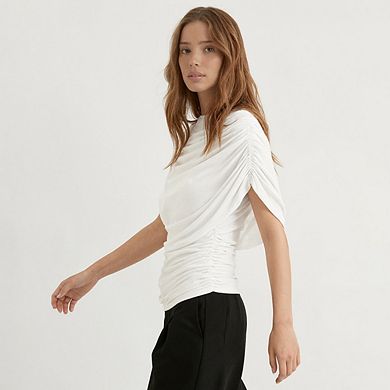 Women Mesh Patchwork Blouse. Half Cape Sleeve Ruched Boat Neck Slim Fit Cinched Waist Pullover