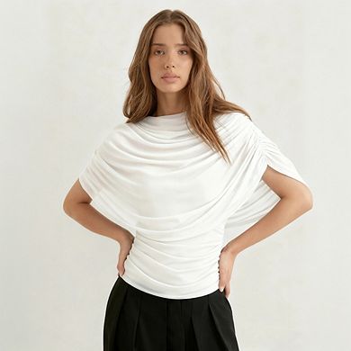 Women Mesh Patchwork Blouse. Half Cape Sleeve Ruched Boat Neck Slim Fit Cinched Waist Pullover