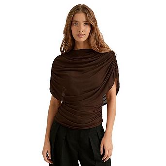 Women Mesh Patchwork Blouse. Half Cape Sleeve Ruched Boat Neck Slim Fit Cinched Waist Pullover