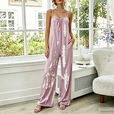 Women's Tie Dye Jumpsuit Adjustable Spaghetti Straps Wide Legs Side Pockets Loose Fit Jumpsuit