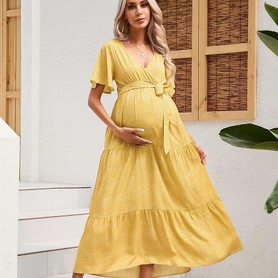 Women's v-Neck Flutter Sleeve Tiered Maternity Maxi Dress