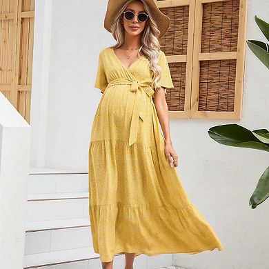 Women's v-Neck Flutter Sleeve Tiered Maternity Maxi Dress
