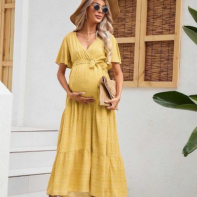 Women's v-Neck Flutter Sleeve Tiered Maternity Maxi Dress