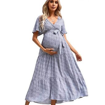 Women's v-Neck Flutter Sleeve Tiered Maternity Maxi Dress