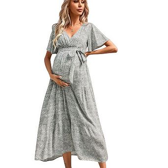Women's v-Neck Flutter Sleeve Tiered Maternity Maxi Dress