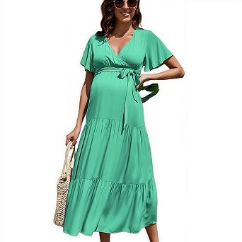 Women's v-Neck Flutter Sleeve Tiered Maternity Maxi Dress