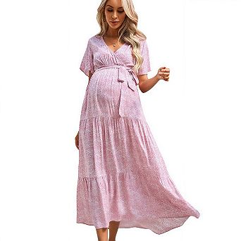 Women's v-Neck Flutter Sleeve Tiered Maternity Maxi Dress