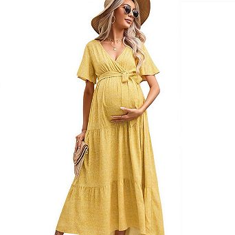Women's v-Neck Flutter Sleeve Tiered Maternity Maxi Dress