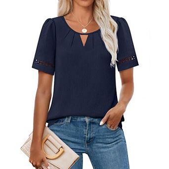 Womens Dressy Casual Short Sleeve Shirts Tops Keyhole Pleated Front Summer Business Work Blouses