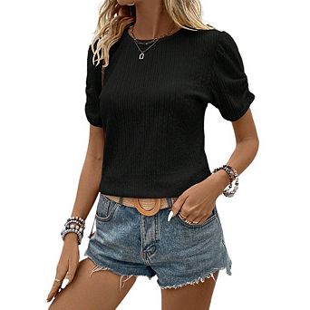 Women's Crew Neck Knitted Tee, Puff Short Sleeve Solid Loose Fit Dressy Casual Blouse