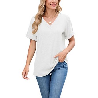 Womens Summer Basic T-Shirts Short Sleeve V Neck Trendy Casual Soft Tops Loose Fit Dressy Tees