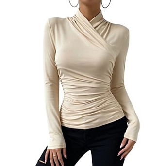 Women's Wrap Top High Neckline Ruched Long Fitted Sleeves Stretchy Knit Fabric Office Casual Blouse