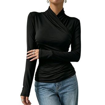 Women's Wrap Top High Neckline Ruched Long Fitted Sleeves Stretchy Knit Fabric Office Casual Blouse