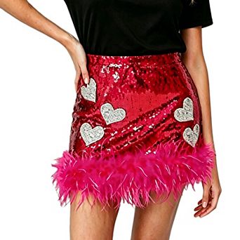 Women's Sequin Mini Skirt Glitter High Waist Form Fitting Fluffy Fringe Hem Skirt for Party