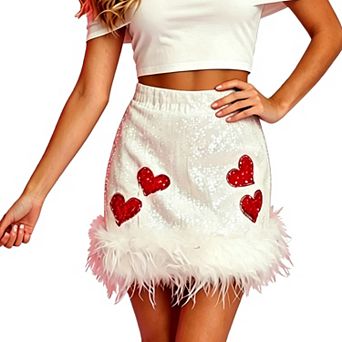 Women's Sequin Mini Skirt Glitter High Waist Form Fitting Fluffy Fringe Hem Skirt for Party