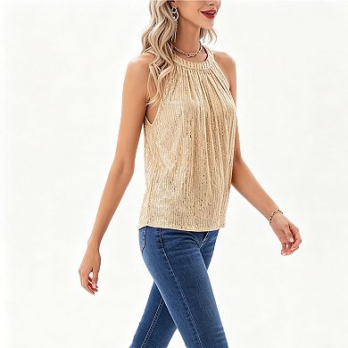 Women's Sequin Halter Neck Tank Top, Sleeveless Pleated Shimmer Party Cami