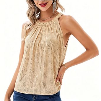 Women's Sequin Halter Neck Tank Top, Sleeveless Pleated Shimmer Party Cami