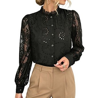 Women's Eyelet Blouse High Neckline Lace Trim Sleeves Button Front Closure Lightweight Casual Top