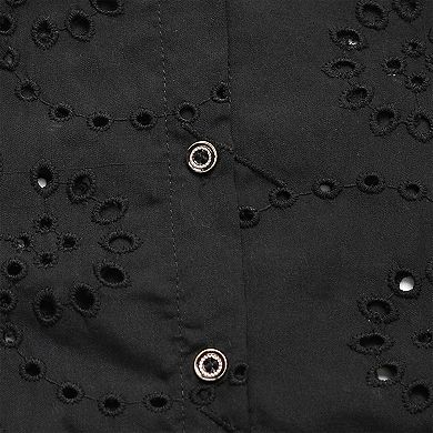 Women's Eyelet Blouse High Neckline Lace Trim Sleeves Button Front Closure Lightweight Casual Top