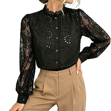 Women's Eyelet Blouse High Neckline Lace Trim Sleeves Button Front Closure Lightweight Casual Top