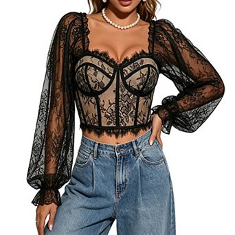 Women's Lace Corset Top Floral Lace Mesh Square Neckline Boning Sheer Puff Sleeves Shirt