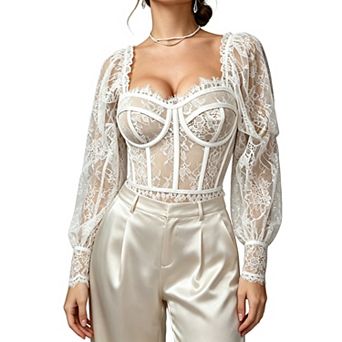 Women's Lace Corset Top Floral Lace Mesh Square Neckline Boning Sheer Puff Sleeves Shirt