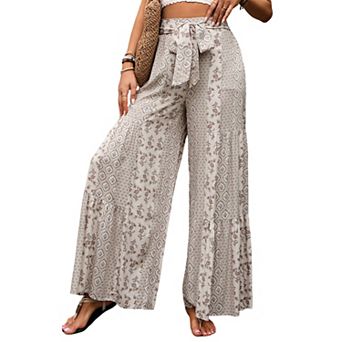 Women's Palazzo Pants High Waist Self Tie Belt Tiered Ruffles Wide Leg Floor Length Pants