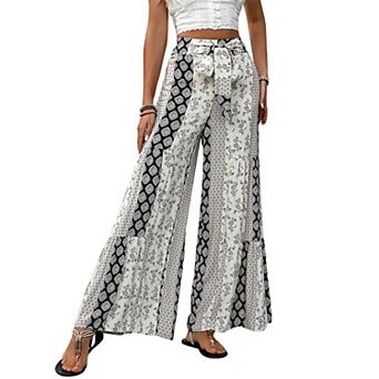 Women's Palazzo Pants High Waist Self Tie Belt Tiered Ruffles Wide Leg Floor Length Pants